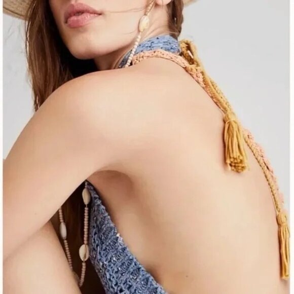 Free People Molly Playsuit Crochet Halter Open Back Romper Blue Ocean Size M - Picture 4 of 14